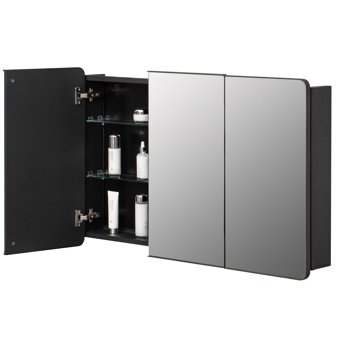 Basicwise 3-Door Aluminum Bathroom Medicine Cabinet, Round Corner Framed Door - Versatile Recessed Medicine Cabinet or Surface Mount, Mirrored Door Cabinet with Adjustable Glass Shelves, Matte Black